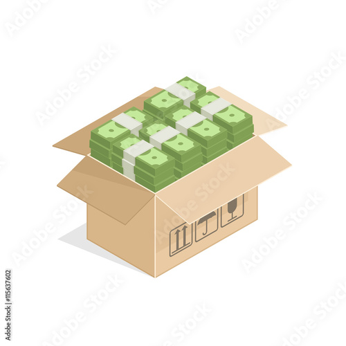 Cardboard box full of money