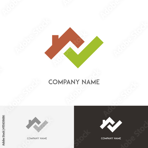Real estate logo - house with chimney on the roof and green check mark on the white background