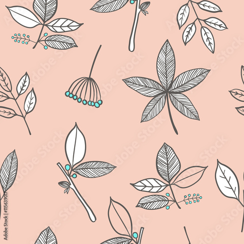seamless pattern with leaf, branches and berries. rustic style