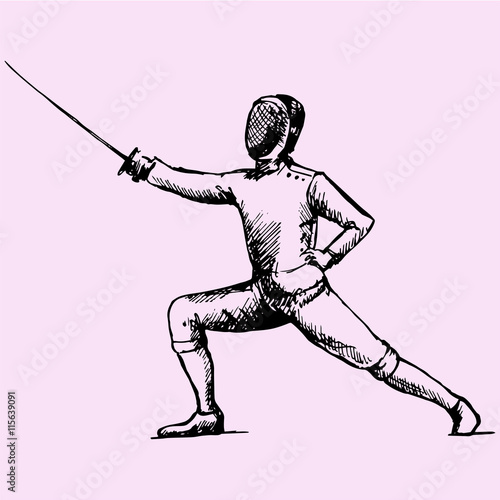 Fencing player doodle style sketch illustration hand drawn vector