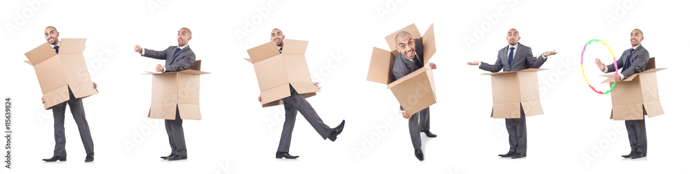 Collage of photos with man and boxes Collage of photos with man and boxes