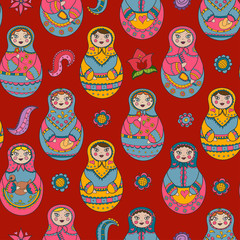 Vector seamless pattern with russian Matryoshka dolls and floral elements