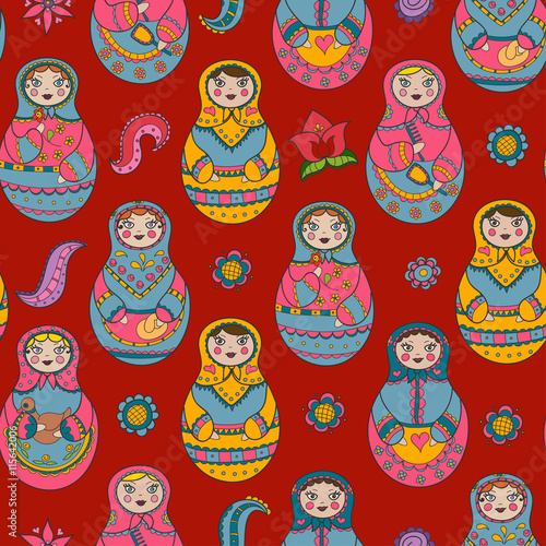 Vector seamless pattern with russian Matryoshka dolls and floral elements