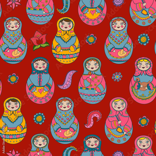 Vector seamless pattern with russian Matryoshka dolls and floral elements