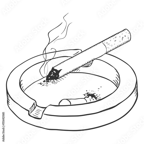 Vector Sketch Ashtray with a Smoking Cigarette and a Cigarette Butt