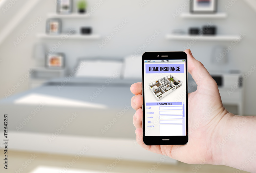 Hand hold a phone with home insurance on a screen Hand hold a phone with home insurance on a screen