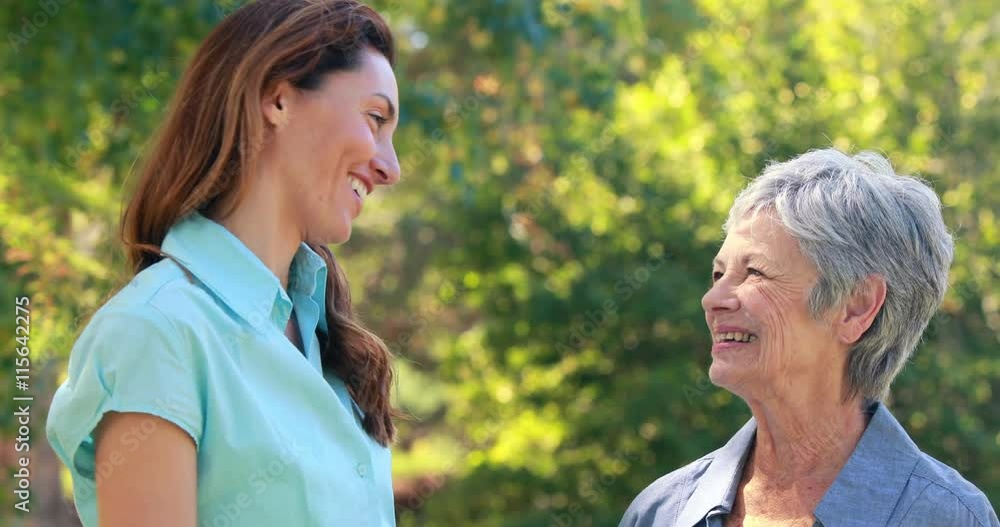 Happy pretty woman speaking with her grandmother Happy pretty woman speaking with her grandmother