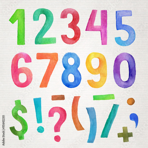 Watercolor handwritten numbers and symbols