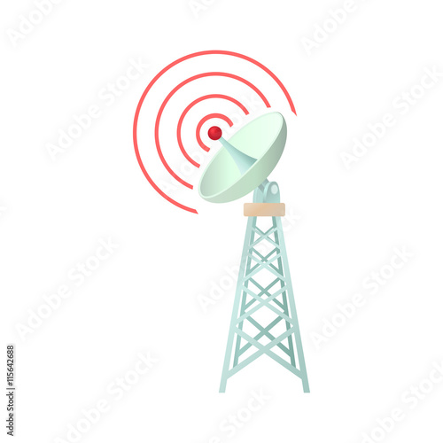 Tower with communication dish icon in cartoon style on a white background
