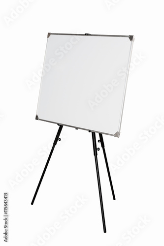 White board on black tripod isolated on white background