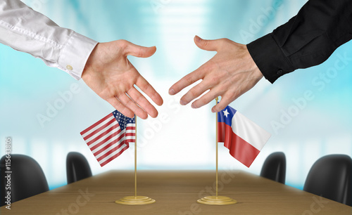 United States and Chile diplomats shaking hands to agree deal, part 3D rendering