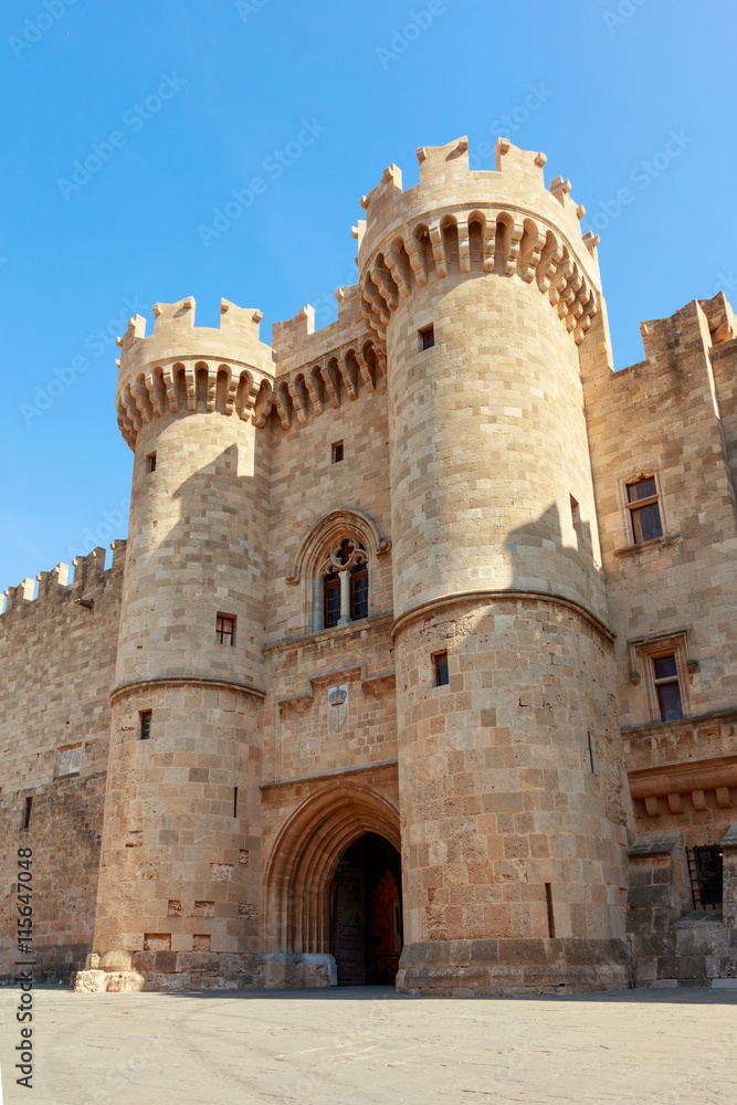 Front and the main gate of the Grand Master of the Knights of Rhodes, a medieval castle of the Hospitaller Knights on the island of Rhodes, Greece.
