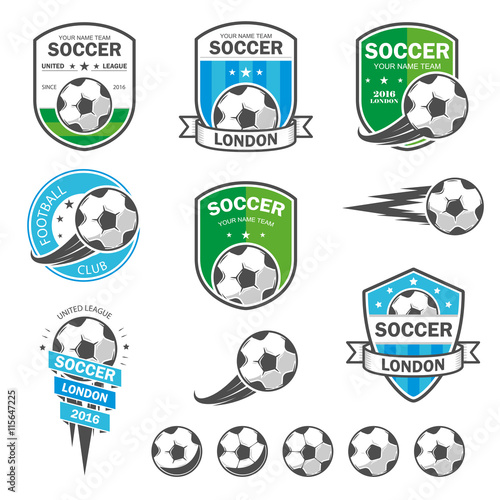 Vector illustration set of logos on football theme, as well as items for the game of football. It can be used as an emblem, logo and template for soccer tournaments.