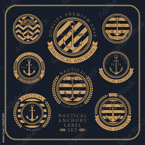 Vintage nautical anchors label set on dark striped background