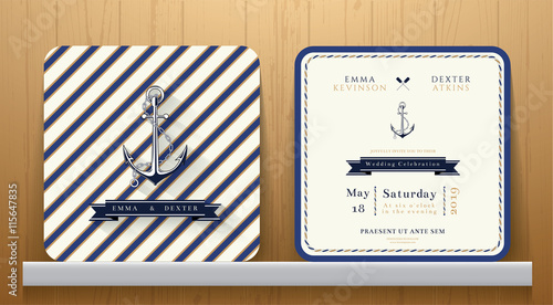 Vintage Nautical Anchors Wedding Invitation Card with Blue Strip