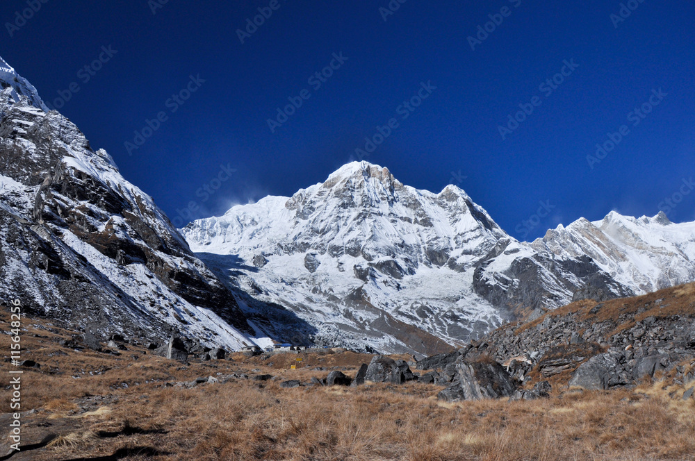 Himalayas mountain in background, clear blue sky, Nepal.