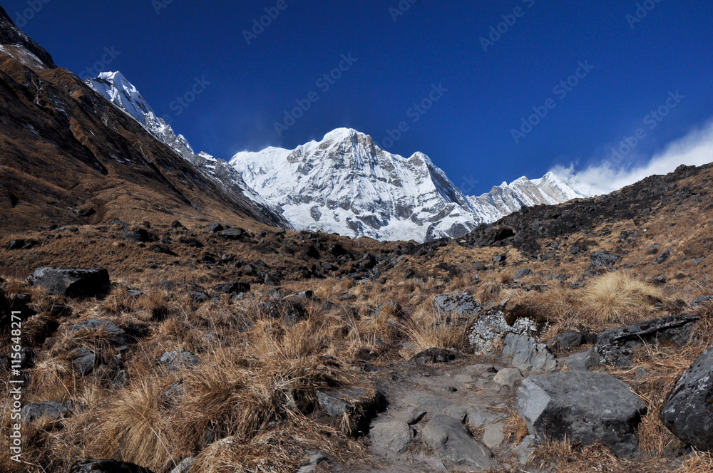 Fototapeta premium Himalayas mountain in background, clear blue sky, Nepal.