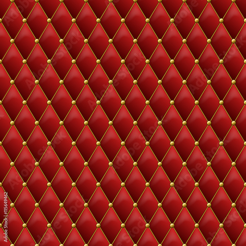 Seamless red leather texture with gold metal details. Vector leather background with golden buttons. Luxury textile design, interior and furniture decoration concept.