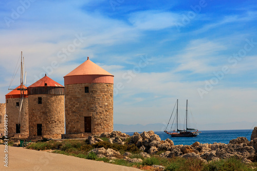Mandraki Harbour windmills on the Island of Rhodes Greece.