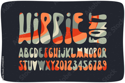 Smooth hippie font with wavy psychedelic seamless pattern. Vintage rounded alphabet. photo