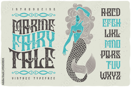 Marine fairytale font with beautiful mermaid illustration. Vintage decorative type set.
