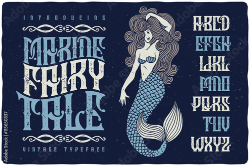 Fototapeta Marine fairytale font with beautiful mermaid illustration