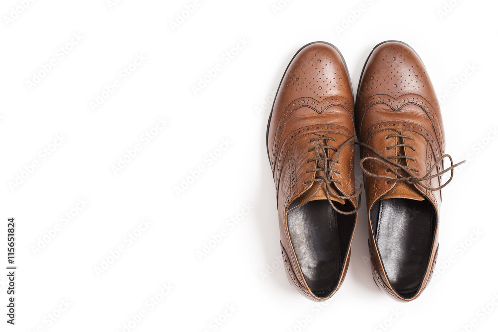 Men's classic brown leather shoes isolated on white background. - obrazy, fototapety, plakaty 