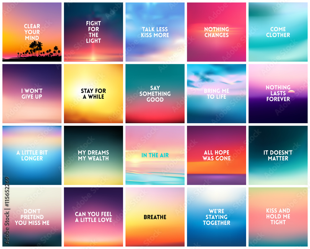 BIG set of 20 square blurred nature backgrounds. With various love quotes
