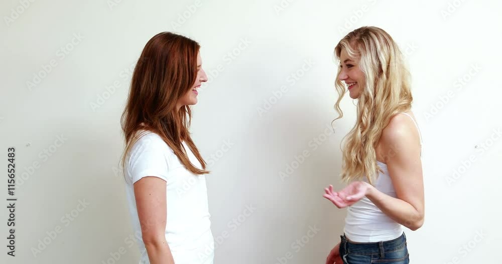 Two smiling women talking together against white background Two smiling women talking together against white background