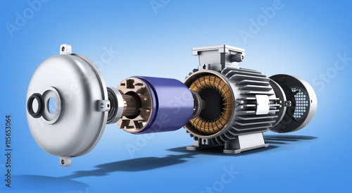 Fotografie electric motor in disassembled state 3d illustration on a gradie