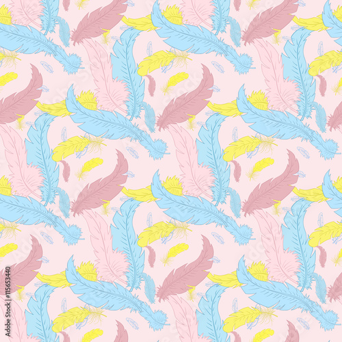 vector hand drawn boho seamless pattern with colored feathers