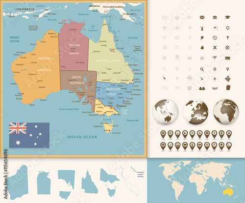 Australia Map with Navigation Icon Set. Vintage Colors