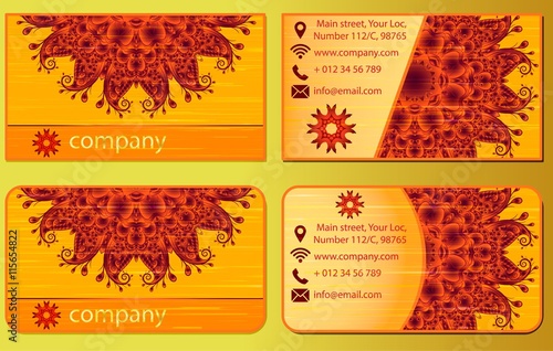 Vector vintage visiting card set. Floral mandala pattern and ornaments. Oriental design Layout. Islam, Arabic, Indian. Front page and back page.
