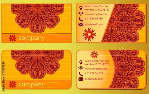 Vector vintage visiting card set. Floral mandala pattern and ornaments. Oriental design Layout. Islam, Arabic, Indian. Front page and back page.