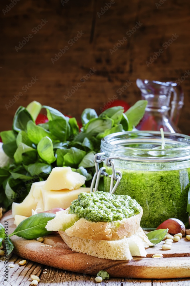 Bruschetta with pesto, selective focus Bruschetta with pesto, selective focus