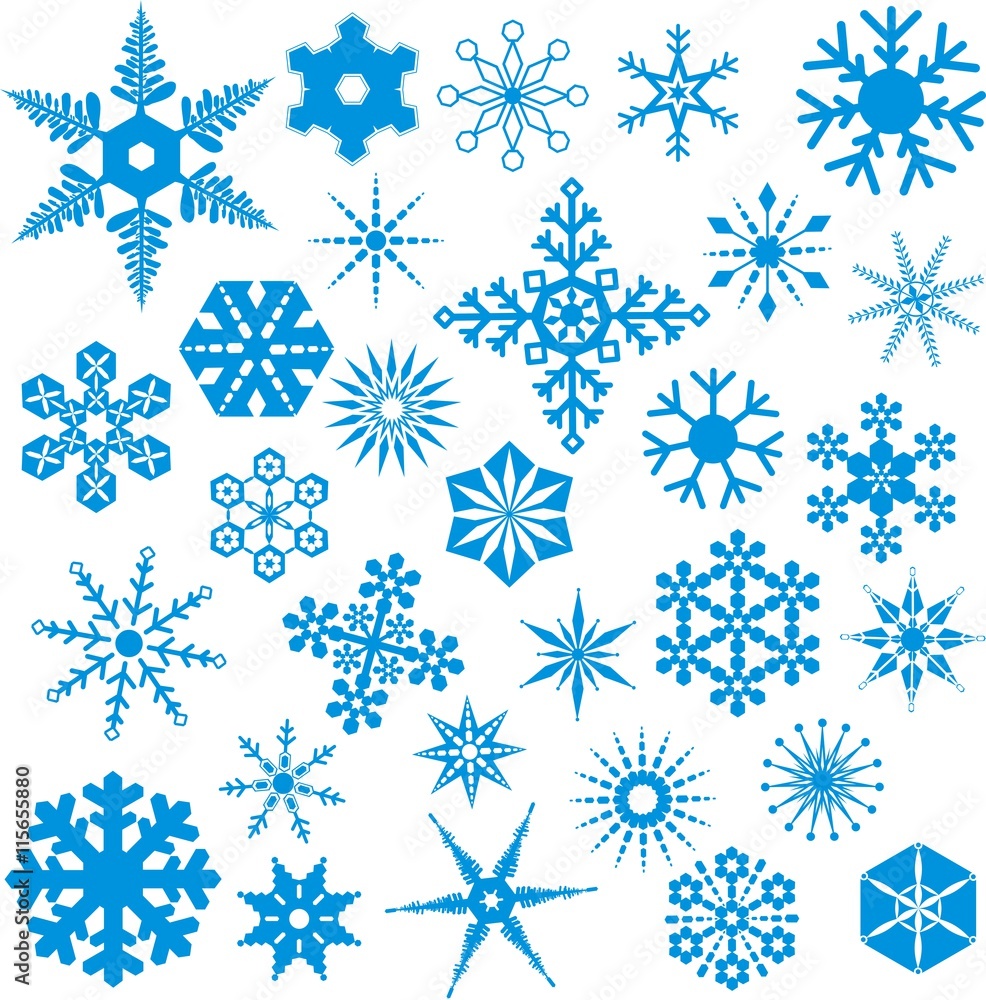 Snowflakes Set - 30 vector Illustrations - obrazy, fototapety, plakaty 