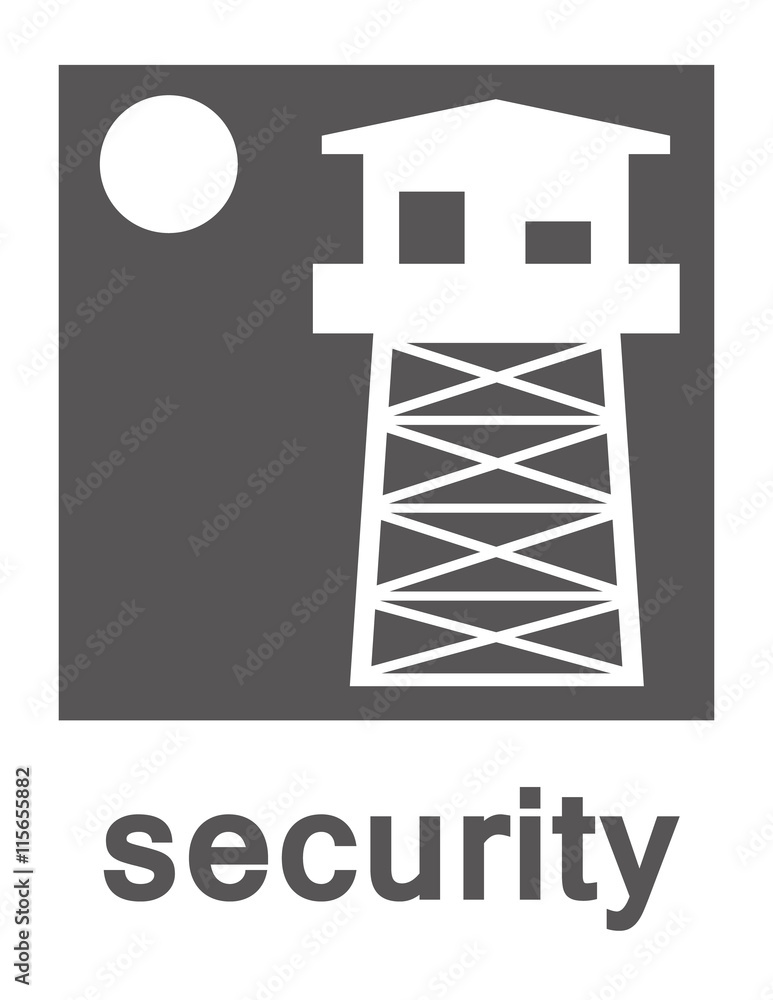 Vector logo of a watchtower and a full moon on a white background with the word security in grey text underneath Vector logo of a watchtower and a full moon on a white background with the word security in grey text underneath