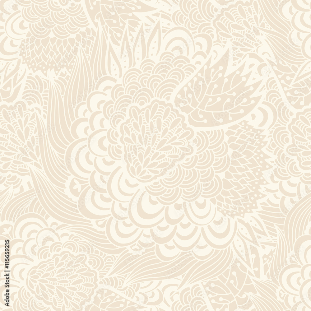 Seamless floral beige background, hand drawn vector pattern