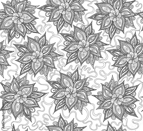 Abstract floral vector seamless pattern with beautiful figured flowers and curling lines