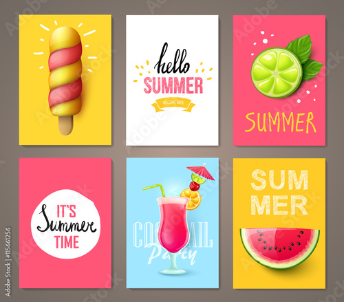 Set of summer brochures with fruits,berries, cocktails and ice cream. Vector templates.