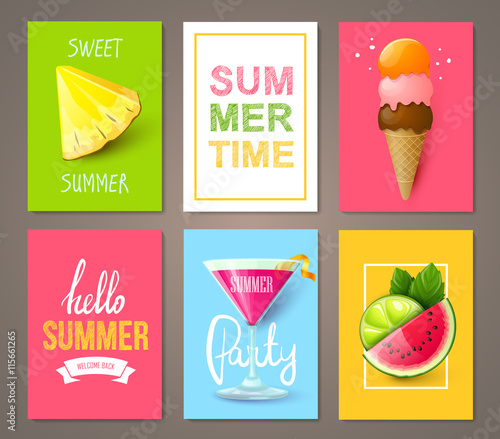 Set of summer brochures with fruits,berries, cocktails and ice cream. Vector templates.