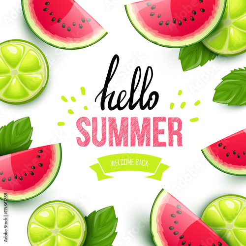 Summer colorful poster. Vector background with fruits. Hello summer handwritten text.