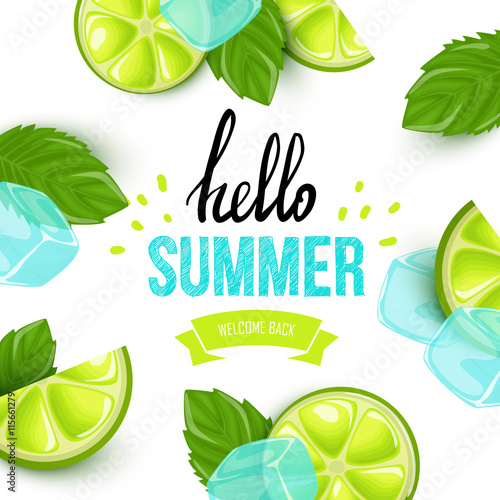 Summer colorful poster. Vector background with fruits. Hello summer handwritten text.