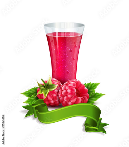 vector glass of juice with raspberry and ribbon isolated on whit