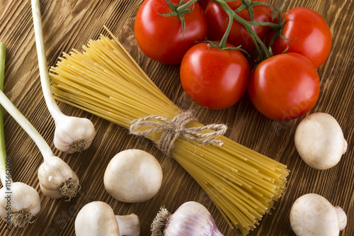 Ingredients. Tomatoes, pasta, garlic and champignon.