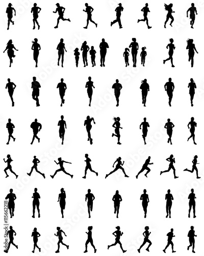 Black silhouettes of people running, vector