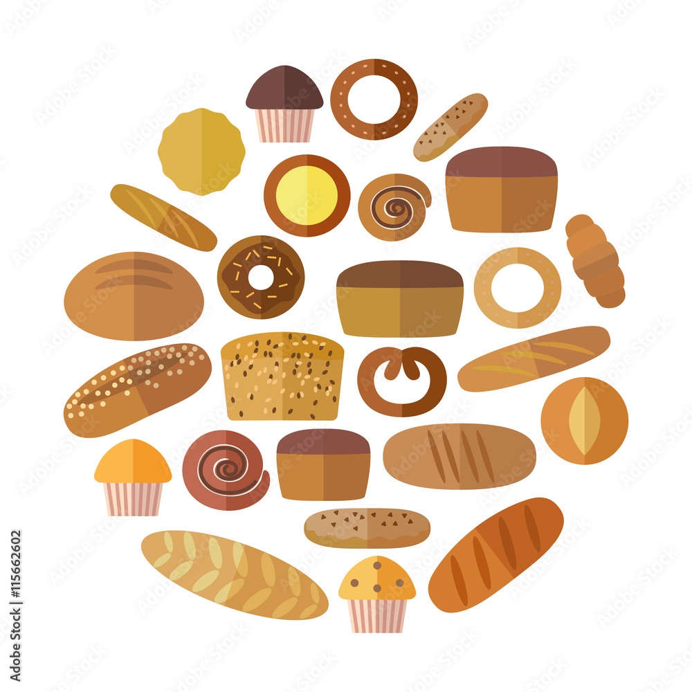 Bakery and pastry products icons set with various sorts of bread, sweet buns, cupcakes, dough cakes Bakery and pastry products icons set with various sorts of bread, sweet buns, cupcakes, dough cakes