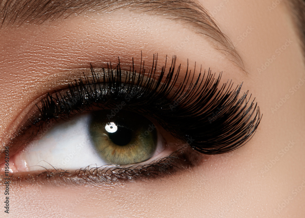 Beautiful macro shot of female eye with extreme long eyelashes and black  liner makeup. Perfect shape make-up and long lashes. Cosmetics and make-up.  Closeup macro shot of fashion eyes visage Stock Photo