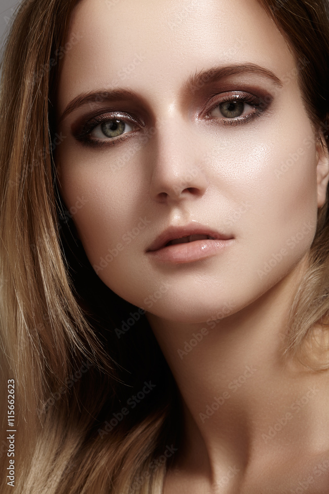 Beautiful young woman with gloss eyes and lips visage, dark blond color long hair. Beauty portrait with clean skin, glamour fashion makeup. Cosmetics, make up, hairstyle. Haircare
Beautiful young woman with gloss eyes and lips visage, dark blond color long hair. Beauty portrait with clean skin, glamour fashion makeup. Cosmetics, make up, hairstyle. Haircare