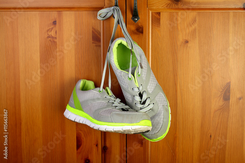 Sneakers on wooden background